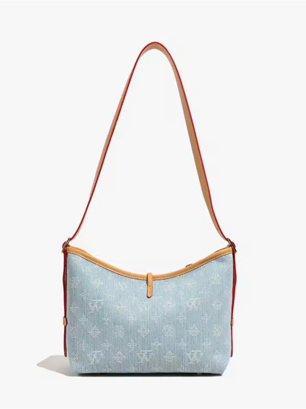 Vintage Light Blue Shoulder Bag with Tan Trim and Red Strap